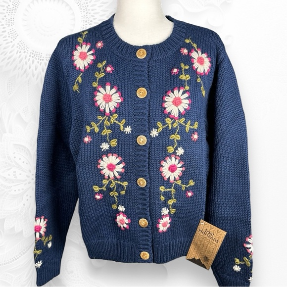 Sundance Sweaters - NWT Sundance Lost Horizons Olivia 100% Wool Embroidered Floral Blue Cardigan XL